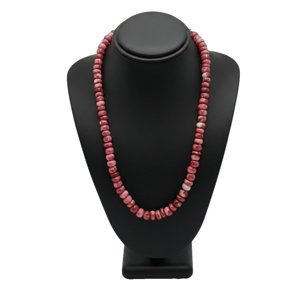 Natural Pink Thulite 18" Beaded Necklace 925 Sterling Silver Lobster Clasp